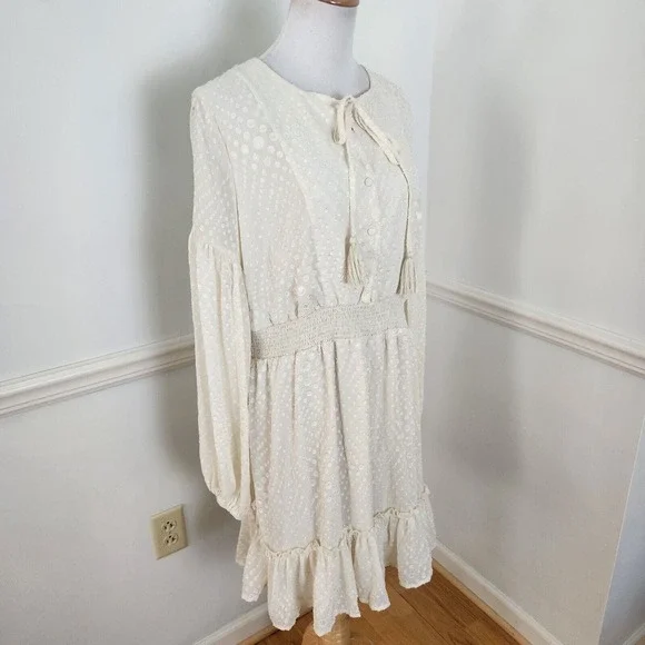New Lulus Dress XL Swiss Dot Peasant Long Slv Cream Womens Casual Party … - Picture 3 of 15